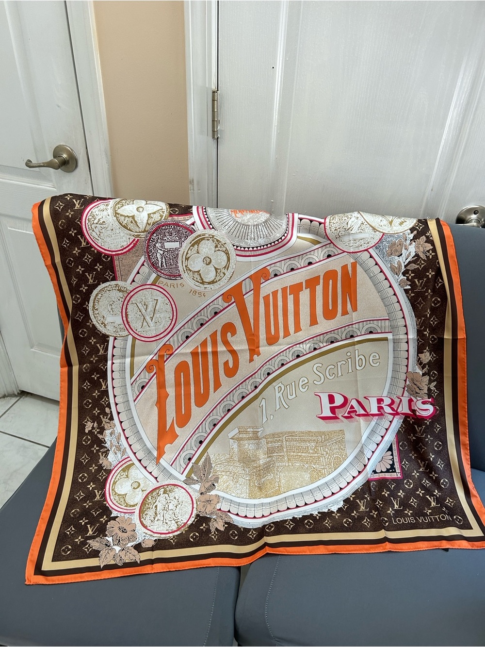 Louis Vuitton Orange, Brown and Cream Silk Signature Scarf